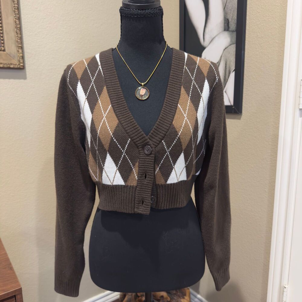 Brown Argyle Crop Knit Cardigan Sweater Y2K Dark Academia